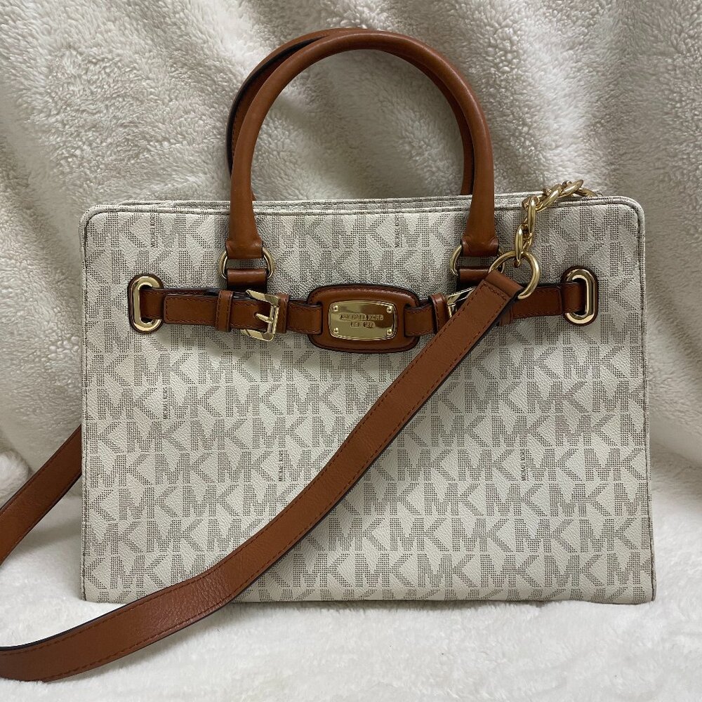 NWT Gorgeous Michael Kors Hamilton Cream w/Leather Brown Trim Lg Tote